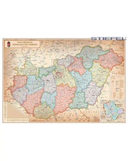 Cartographia Magyarország közigazgatása - különleges színezésű térkép 140 x 100, fémléces - Stiefel 2000000011363