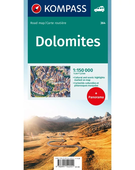 Dolomitok autó- és panorámatérkép Kompass