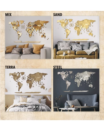 Cartographia Világtérkép 3D fa puzzle falitérkép - sand - választható méret