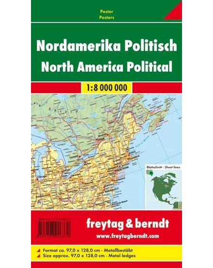 Cartographia Eszak-Amerika falitérkép 1:8 000 000 íves  97 x 128 cm Freytag 9783707906332