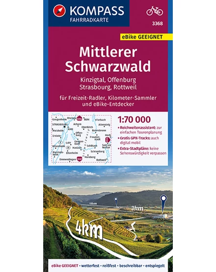 Cartographia K 3368 Fekete-erdő középső része, Kinzigtal, Offenburg, Strasbourg kerékpáros térkép - Kompass - 9783991211761