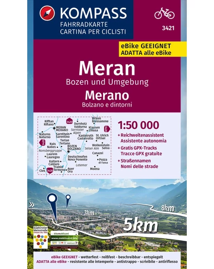 Cartographia K 3421 Meran, Bozen és környéke kerékpáros térkép - Kompass- 9783991214861