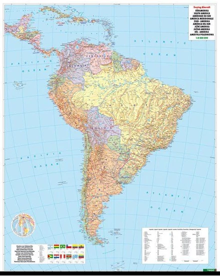 Cartographia Dél-Amerika falitérkép 1:8 000 000 íves (papír) 97 x 128 cm Freytag 9783707906394