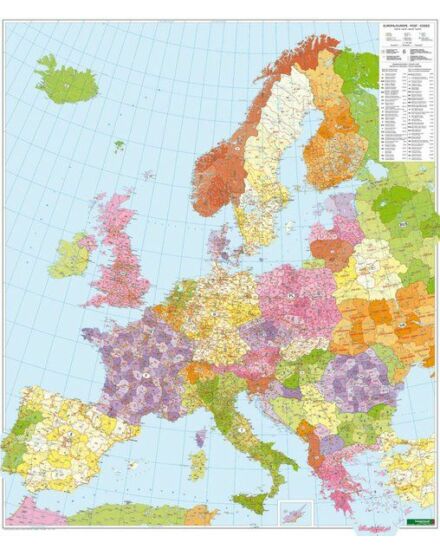 Cartographia Európa postai irányítószámos térkép íves (papír) 1:3 700 000 (96x113cm) Freytag 9783850844154