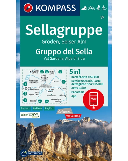Cartographia K 59 Dolomitok: Sella-csoport / Gröden / Seiseralm turistatérkép-9783991218661