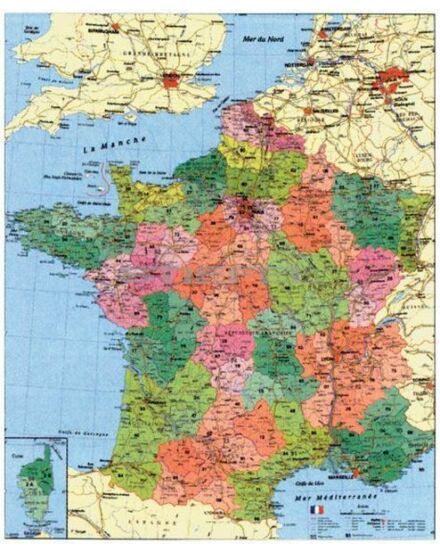 Cartographia Franciaország postai irányítószámos térképe 100 x 140, fémléces - Stiefel 2000000006734