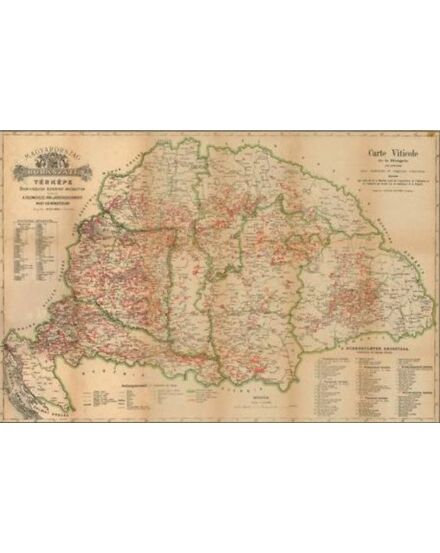 Cartographia Magyarország (1876) borászati fóliázott, lécezett falitérkép 68 X 49 - Stiefel 