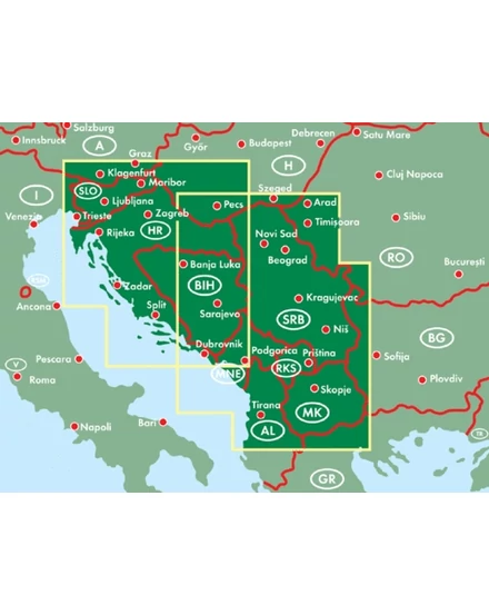 Szerbia-Montenegro-Horvátország-Szlovénia-Bosznia keményborítós autótérkép - Freytag